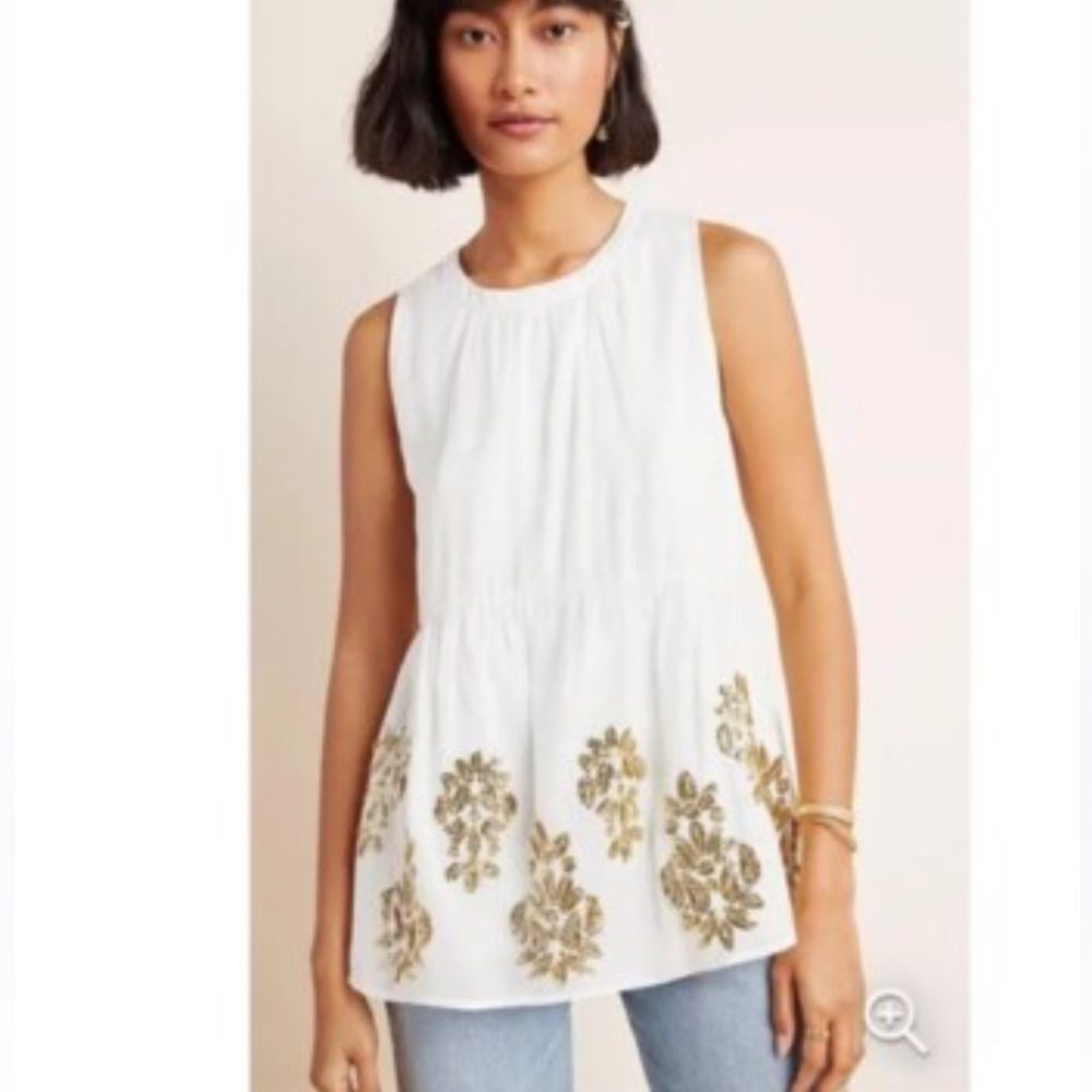 ANTHROPOLOGIE MAEVE Cotton Gold Sequin Embroidered Sleeveless Tunic Small